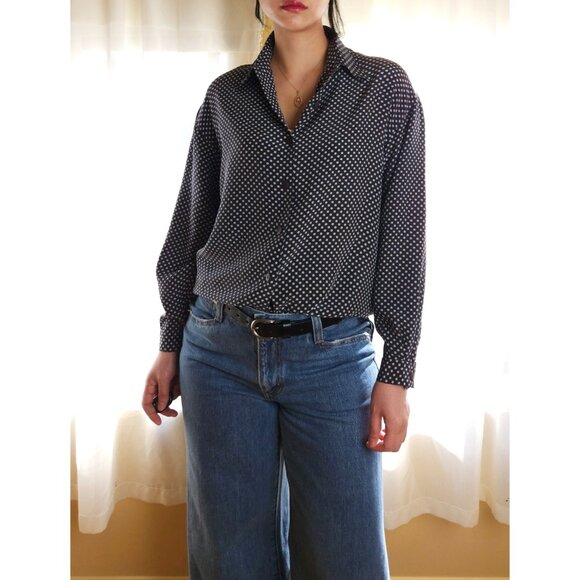 Vintage silk polka dot button down blouse navy, white - Picture 2 of 11